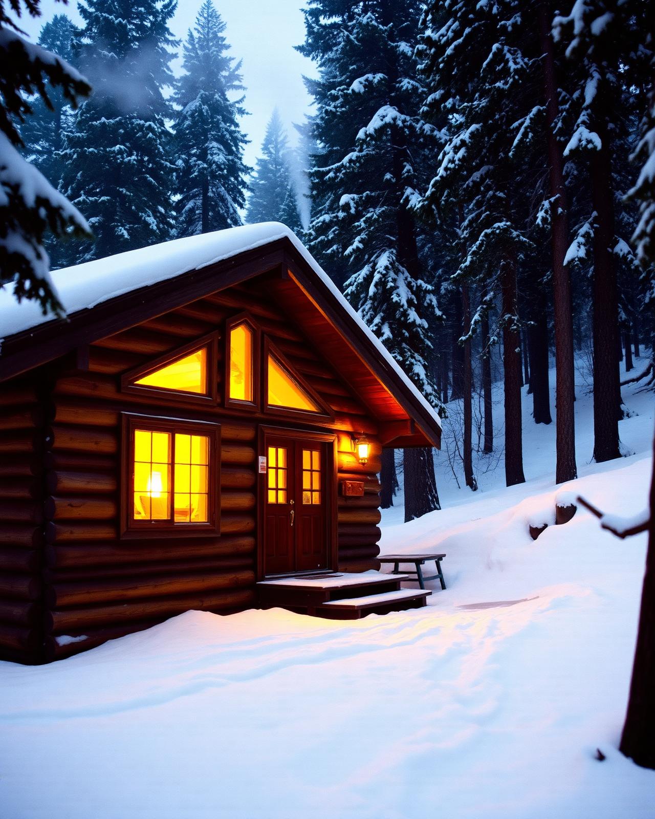 Cabin glowing in the snow