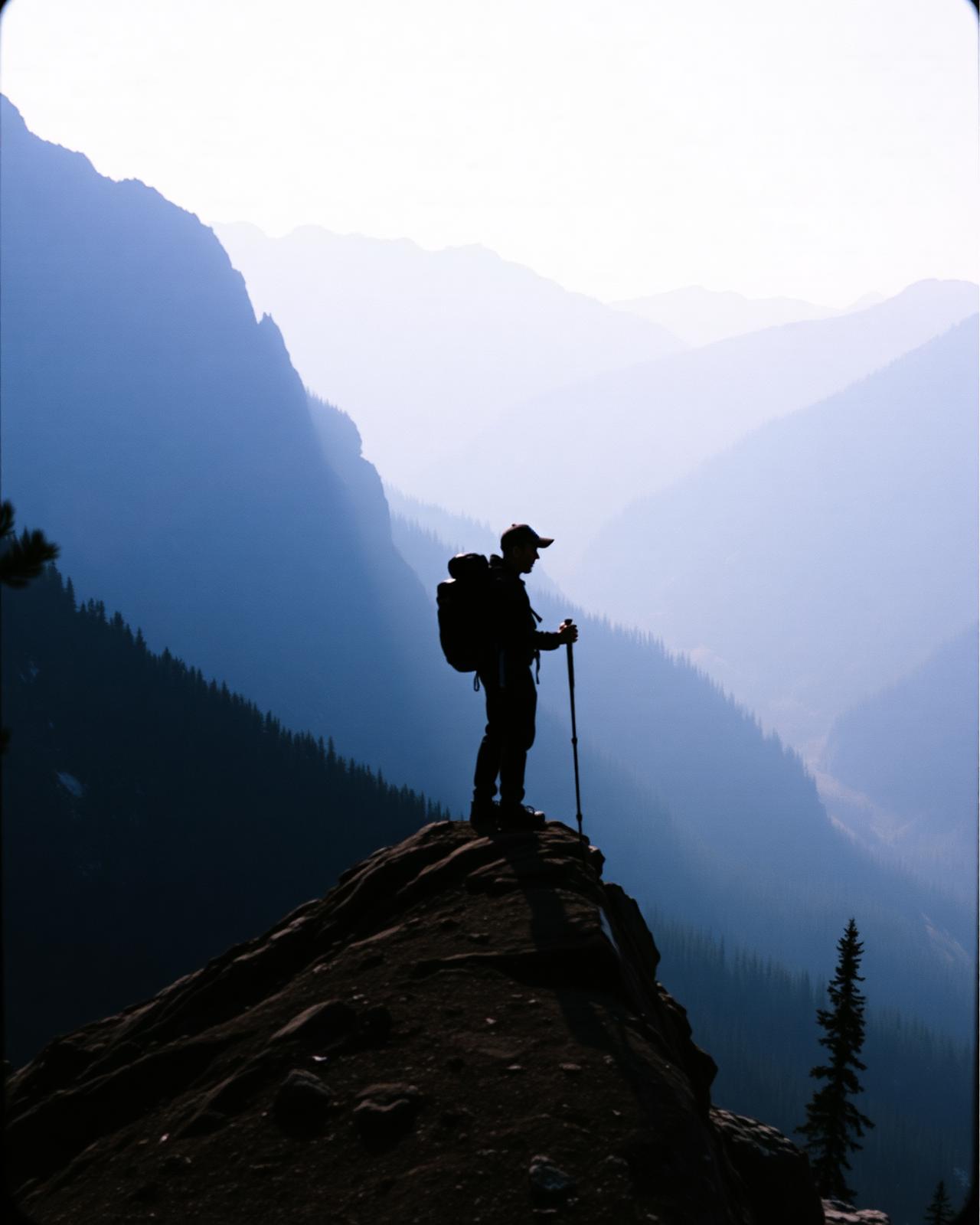Hiker on a misty ridge