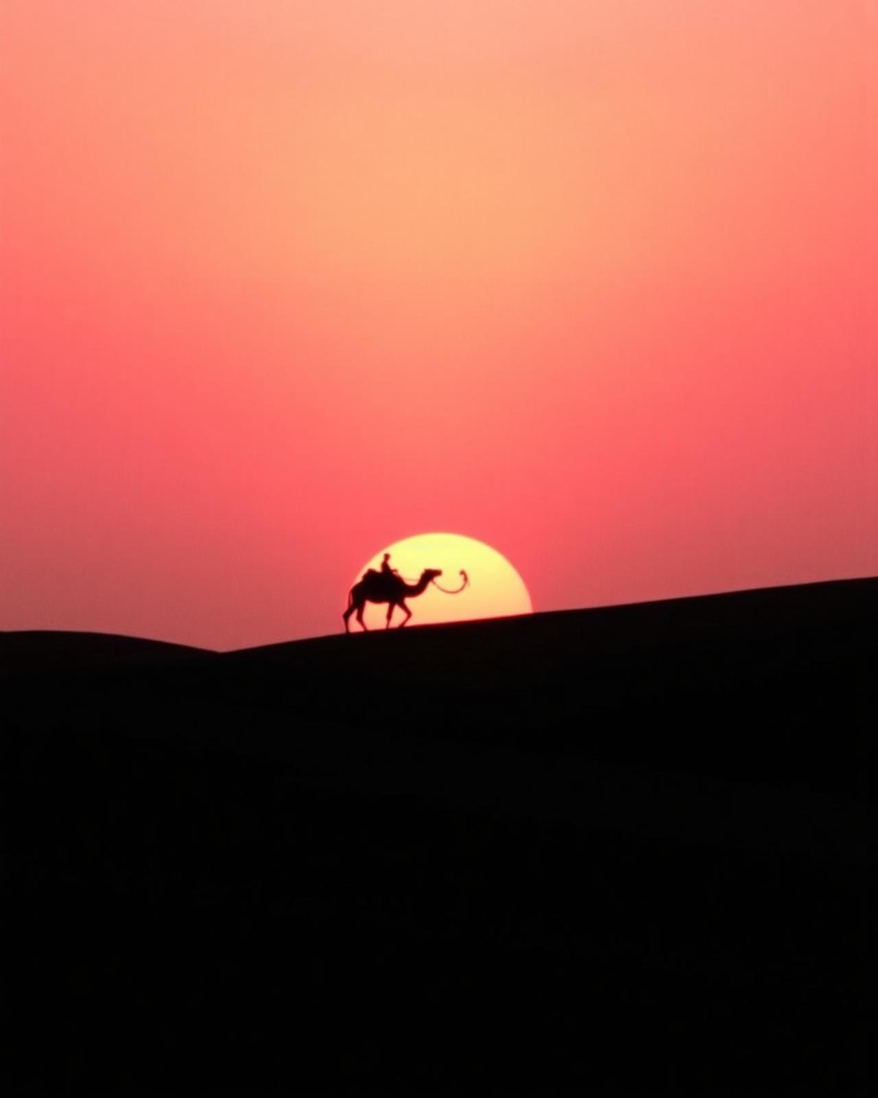 Camel silhouette at desert sunset